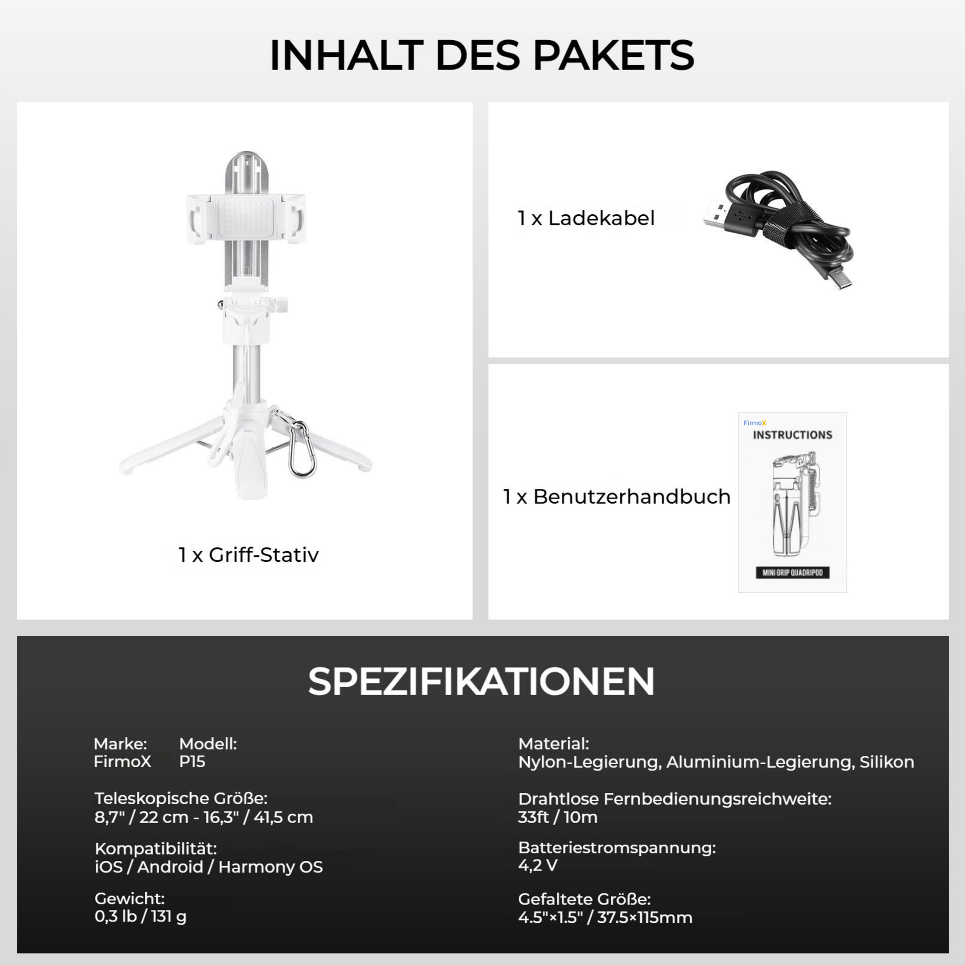 FirmoX Tragbarer Selfie-Stick, All-in-One Selfie-Stick-Stativ, Selfie-Stick im Taschenformat für Smartphones, Stativ für Handy mit kabelloser abnehmbarer Fernbedienung für Fotografie, Live-Streaming, Videoaufzeichnung