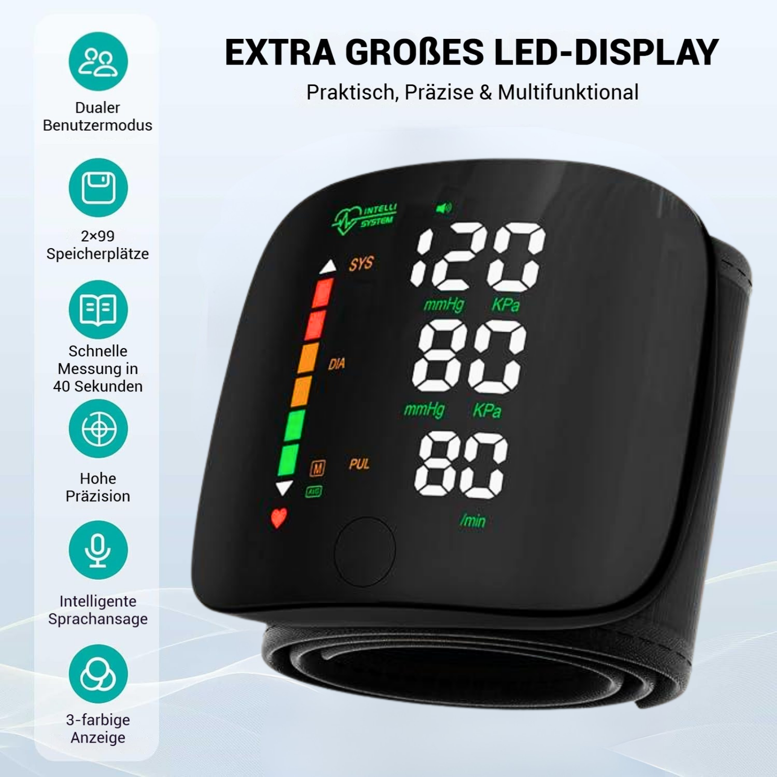 FirmoX Blutdruckmessgerät Armband mit LED Display, Fingerpulsmesser Armband mit Touchscreen, 2×99 Messwerte Speicher, Blutdruckmonitor mit Tragetasche (schwarz), Gesundheitsüberwachung verstellbar