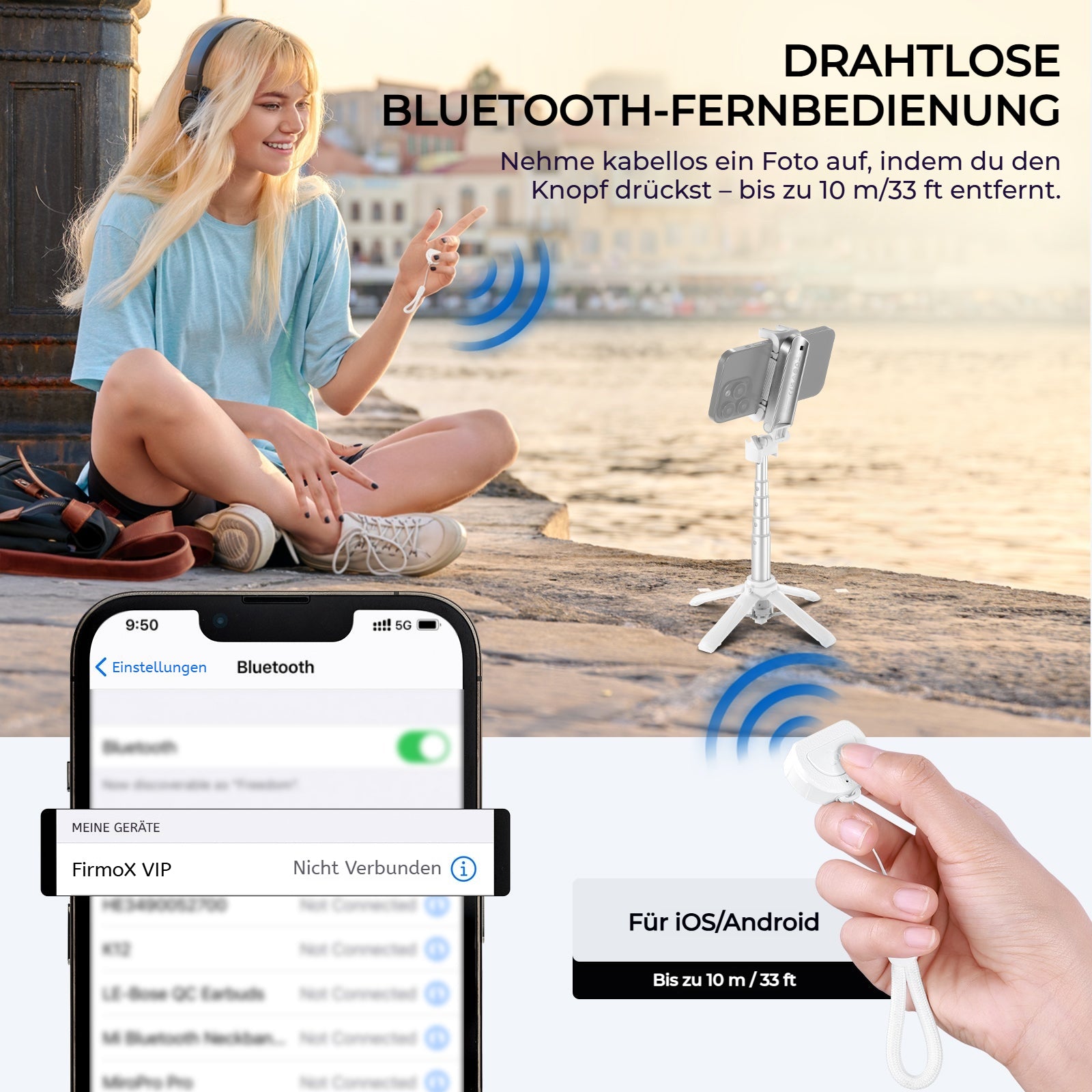 FirmoX Tragbarer Selfie-Stick, All-in-One Selfie-Stick-Stativ, Selfie-Stick im Taschenformat für Smartphones, Stativ für Handy mit kabelloser abnehmbarer Fernbedienung für Fotografie, Live-Streaming, Videoaufzeichnung