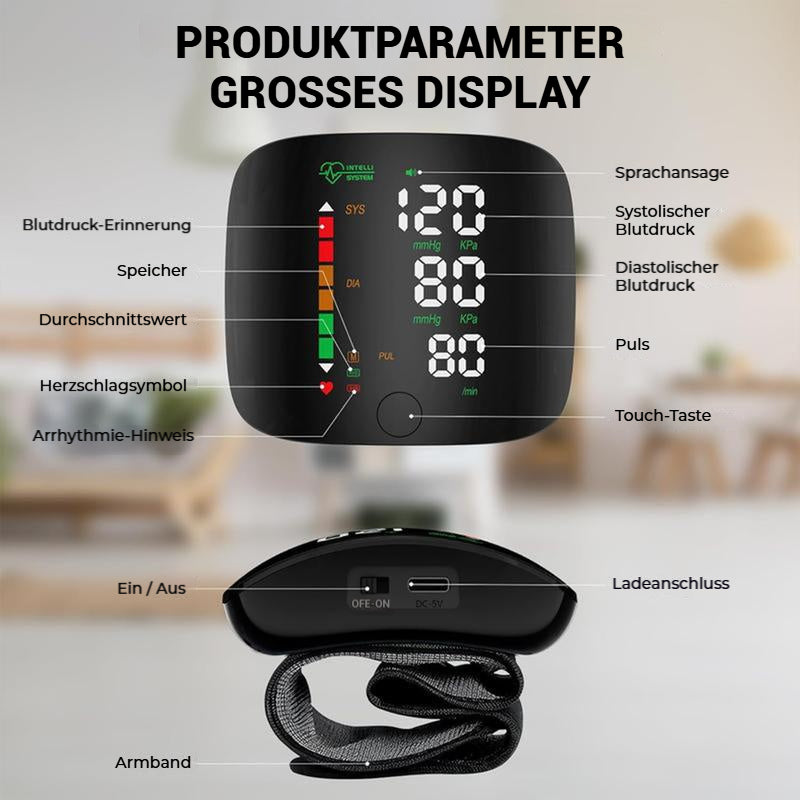 FirmoX Blutdruckmessgerät Armband mit LED Display, Fingerpulsmesser Armband mit Touchscreen, 2×99 Messwerte Speicher, Blutdruckmonitor mit Tragetasche (schwarz), Gesundheitsüberwachung verstellbar