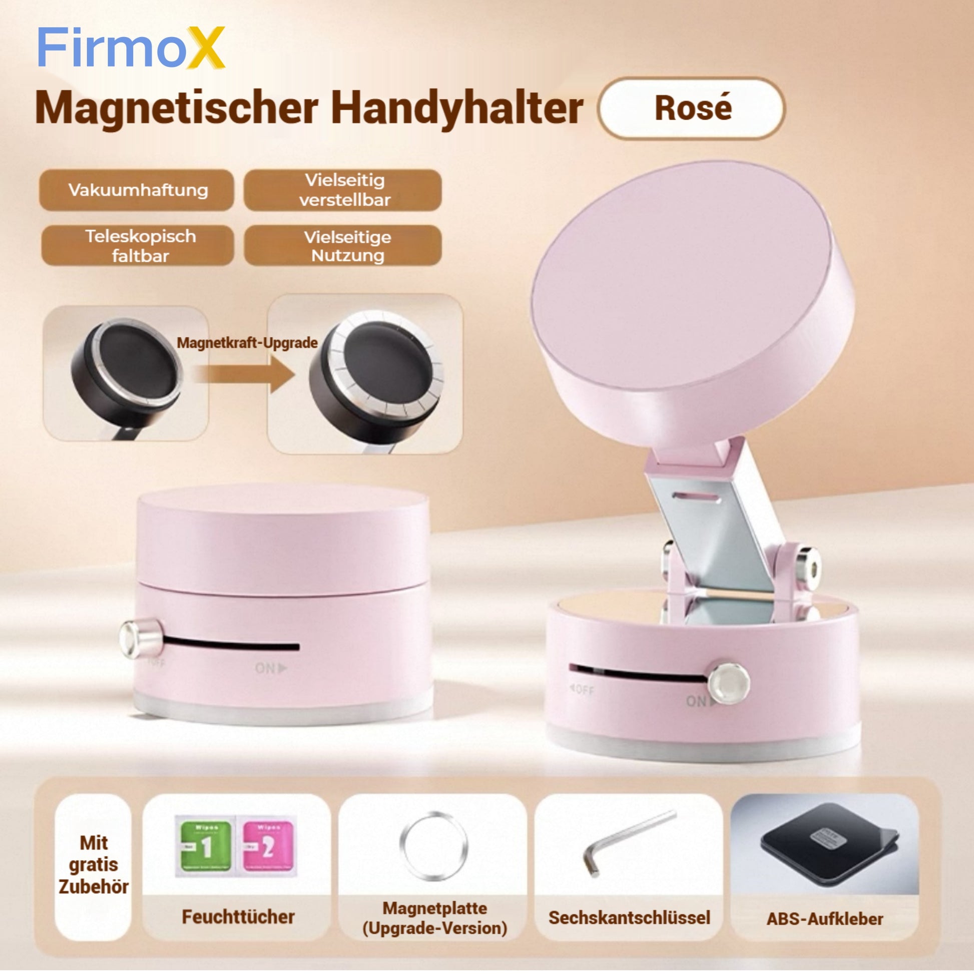 FirmoX Verbesserter magnetischer Telefonhalter, 360 ° -Drehung, starker Magnet, faltbares und tragbares Design, perfekt für Autos, Glas, Fitnessstudios und andere glatte Oberflächen