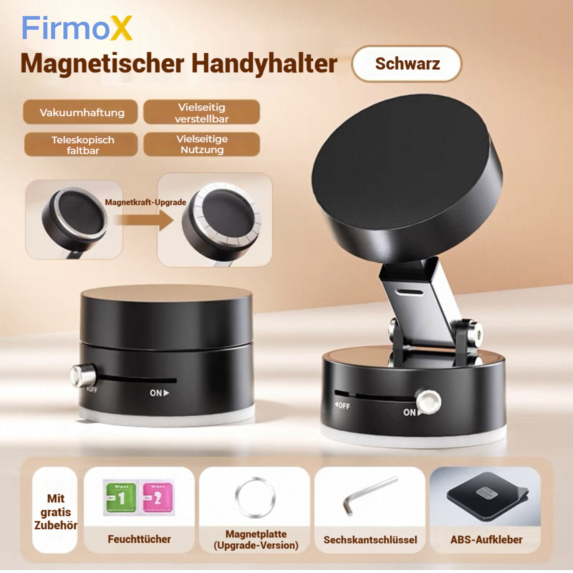 FirmoX Verbesserter magnetischer Telefonhalter, 360 ° -Drehung, starker Magnet, faltbares und tragbares Design, perfekt für Autos, Glas, Fitnessstudios und andere glatte Oberflächen